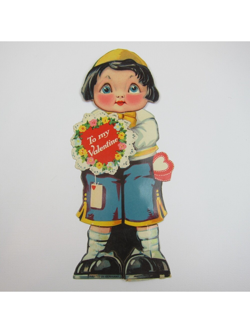 Vintage Valentine Card Mechanical Boy Blue Google Eyes Move Holds Flower Bouquet